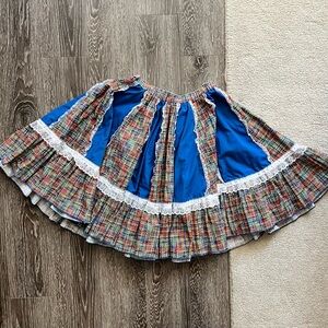 Vintage Vibrant Rainbow Gingham Multicolor Circle Swing Dance Lace-Trim Skirt